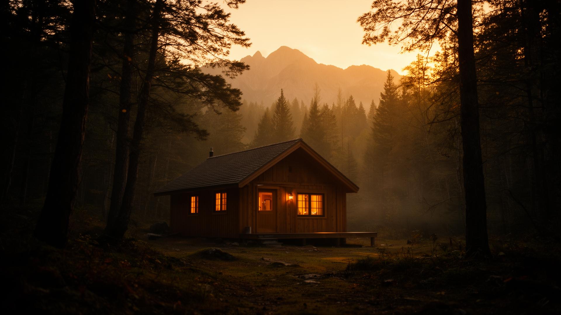 Tranquilla baita in legno in un bosco all'ora dorata